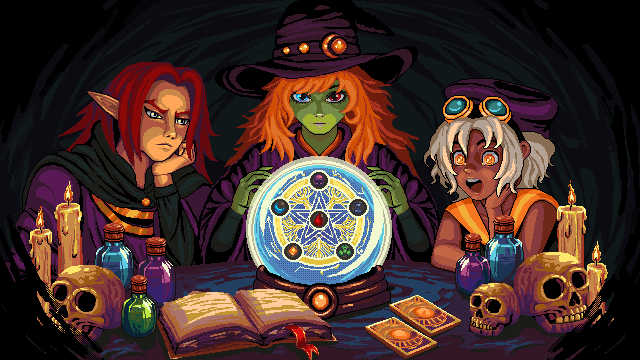 Shadowrite key art — three spirit characters around a glowing arcane orb